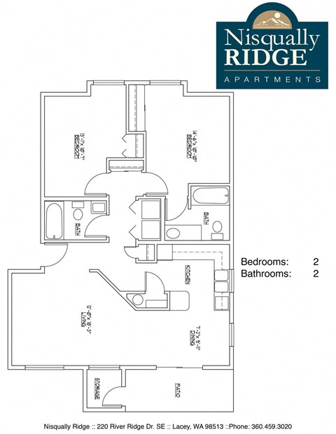 Floor plan for 2 beds, 2 baths, 886 sqft